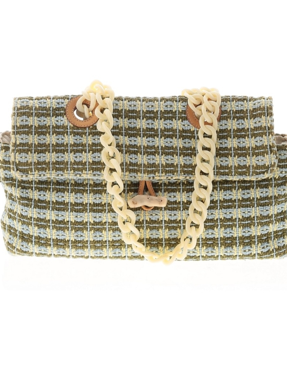 Maria La Rosa Textured Green Light BlueTweed Shoulder Bag with Cream Chain Strap